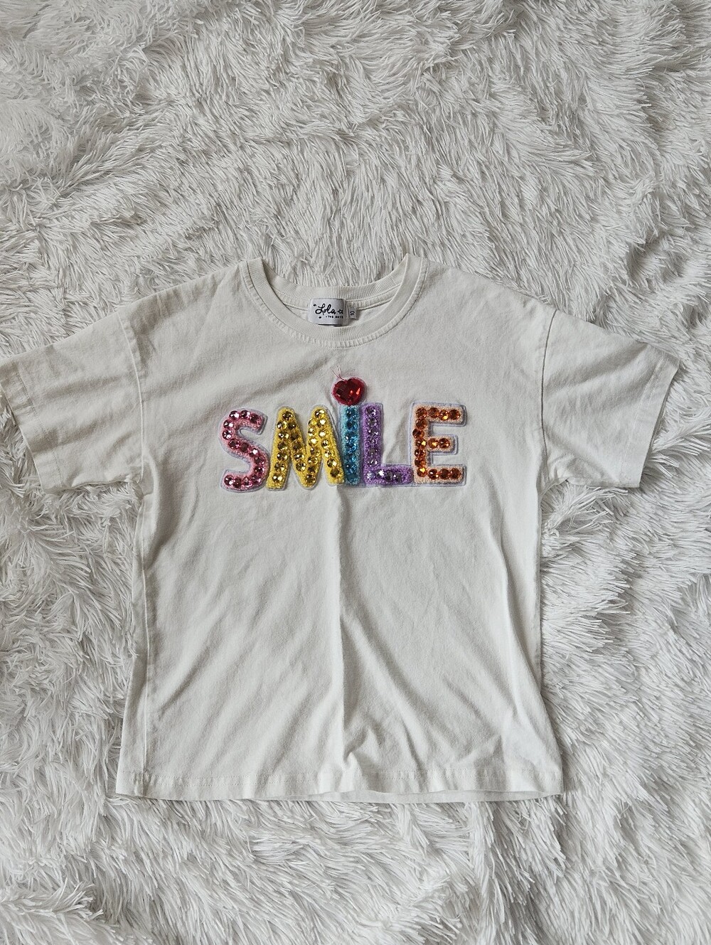 Lola + The Boys White Kids Short-Sleeve Tee with Rainbow Sequin SMILE Size 10